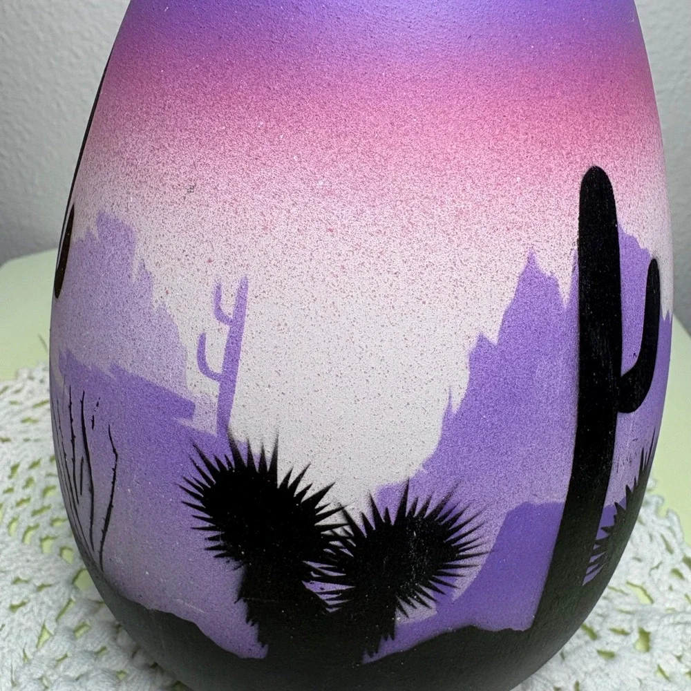 6in Purple Desert Cactus Vase Southwest Boho Hand Painted Pottery